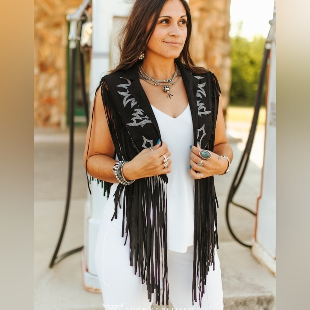 NWT Black Western Fringe Vest Cape with Silver Boot Stitch Embroidery